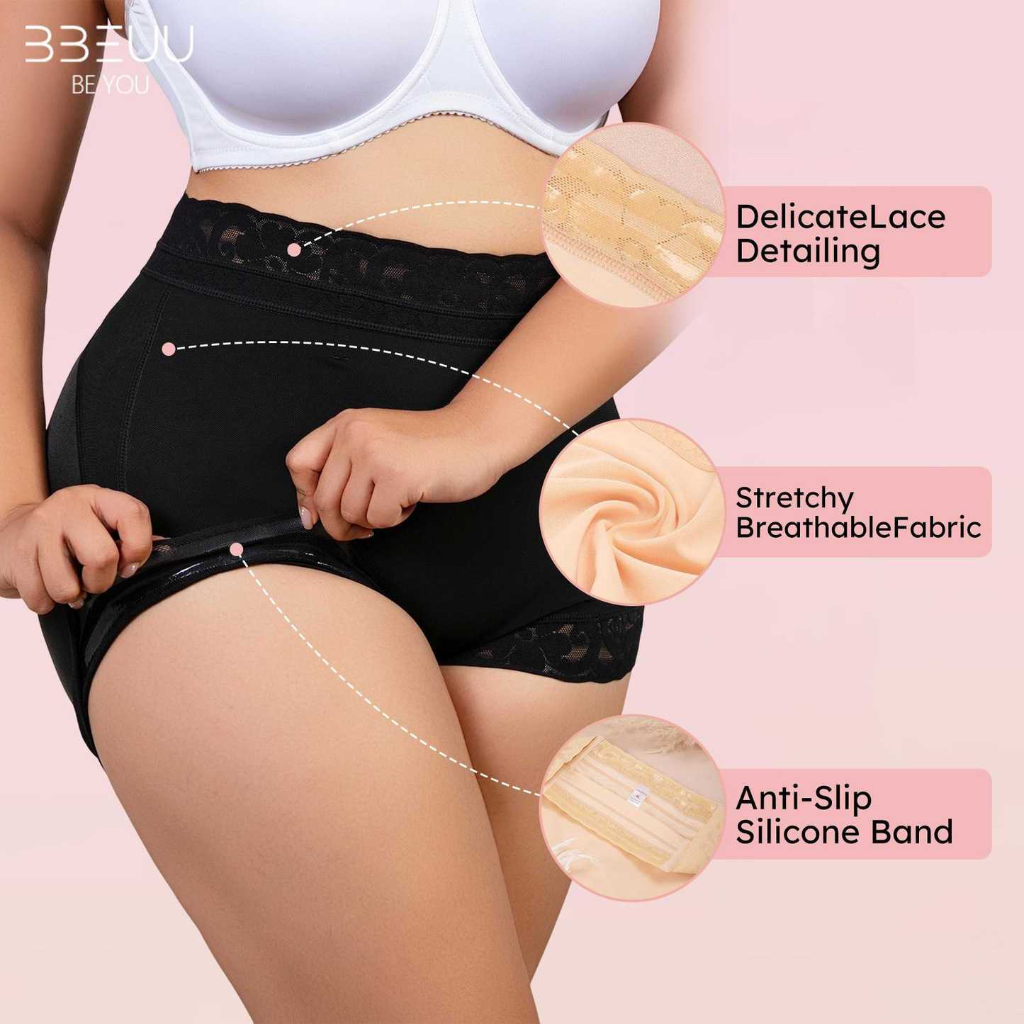 BBEUU 3PC High Waist Shapewear Panty with Anti-Slip Silicone Band - Stretchy Breathable & Seamless Tummy Control Butt Lifting for Everyday Confidence Women's Basic Minimalist Multi Colors 3Pcs Leg