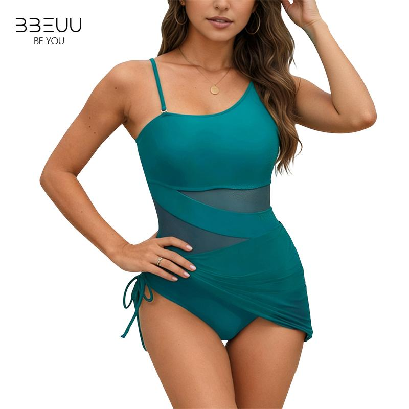 BBEUU Women's Sexy One-Piece Swim Dress Ruched Slim Fit High-Waisted Tummy Control Mesh Detail Black/Red/Green S M L XL 2XL