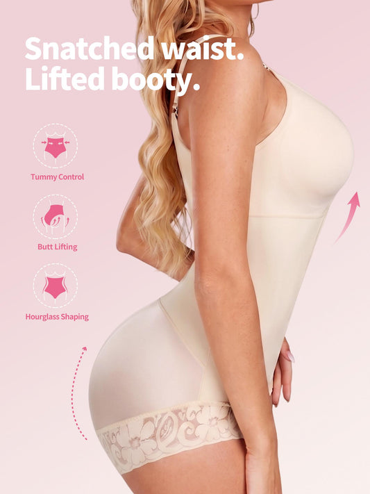 BBEUU Women's Colombian Shapewear Bodysuit – Tummy Control & Butt Lift, Hook-and-Eye Open Crotch Design for Convenience, Lace Trim Splicing, Sexy & Elegant, Postpartum Recovery Shapewear Compression