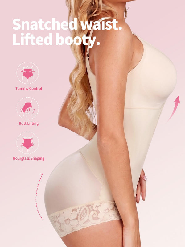 BBEUU Women's Colombian Shapewear Bodysuit – Tummy Control & Butt Lift, Hook-and-Eye Open Crotch Design for Convenience, Lace Trim Splicing, Sexy & Elegant, Postpartum Recovery Shapewear Compression