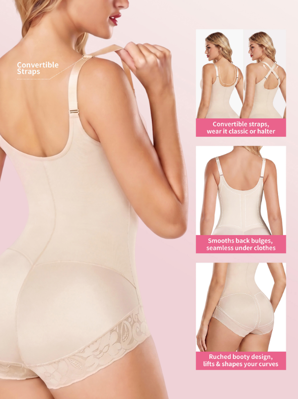 BBEUU Women's Colombian Shapewear Bodysuit – Tummy Control & Butt Lift, Hook-and-Eye Open Crotch Design for Convenience, Lace Trim Splicing, Sexy & Elegant, Postpartum Recovery Shapewear Compression