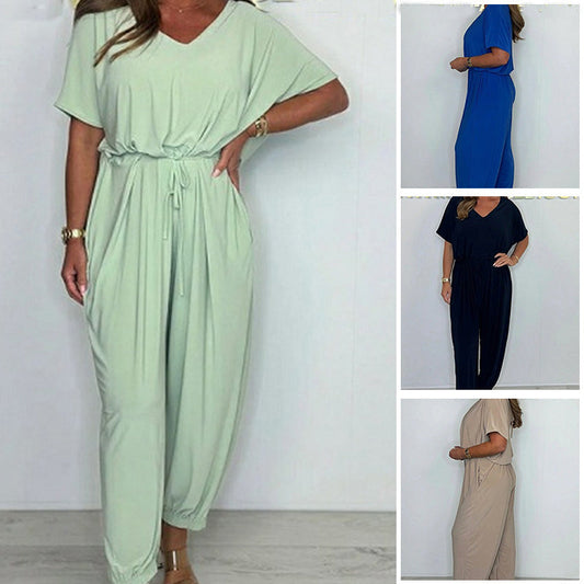 Women's V-Neck Solid Color Loose Waisted Jumpsuit