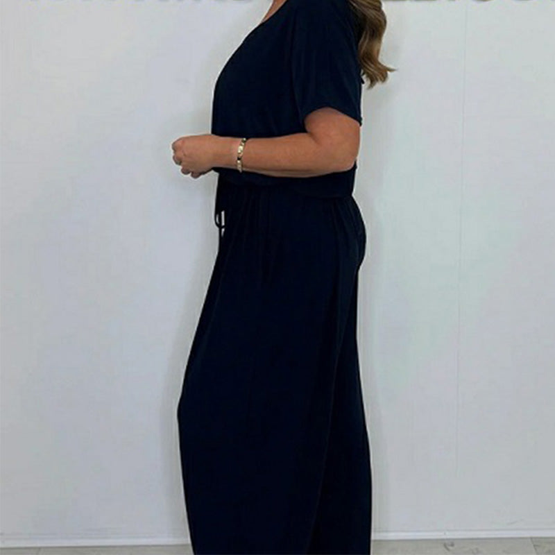 Women's V-Neck Solid Color Loose Waisted Jumpsuit