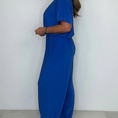 Women's V-Neck Solid Color Loose Waisted Jumpsuit