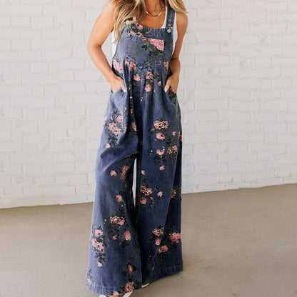 Women's Casual Printed Denim Jumpsuit