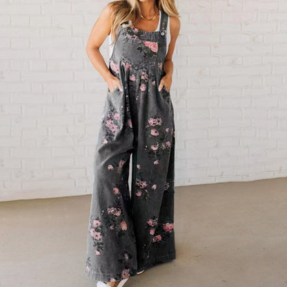 Women's Casual Printed Denim Jumpsuit