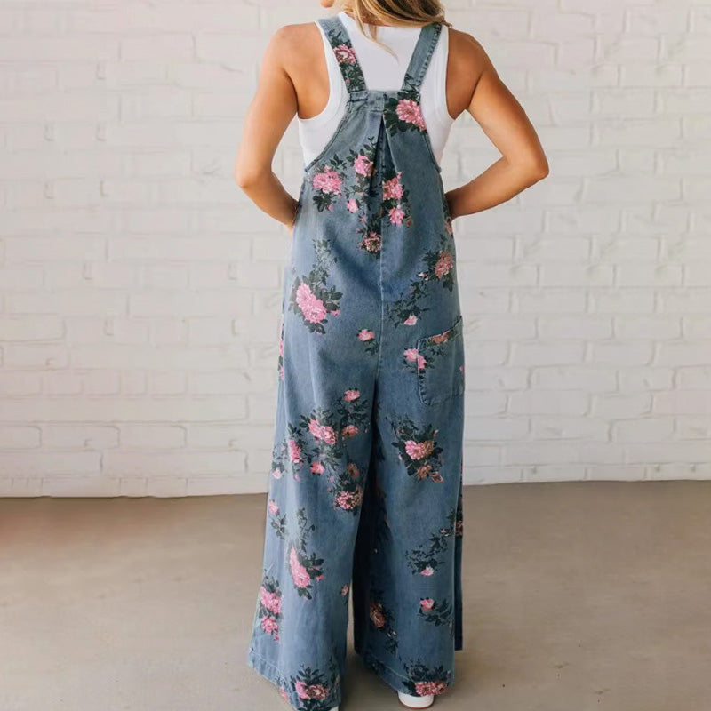 Women's Casual Printed Denim Jumpsuit