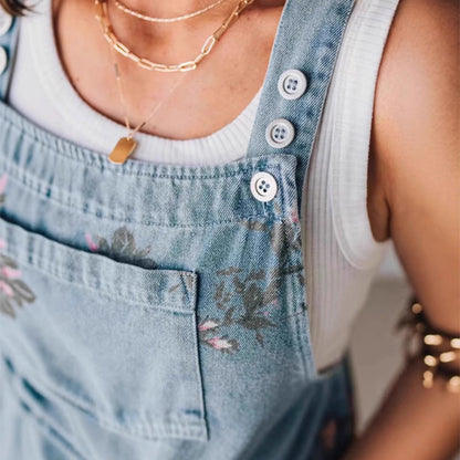 Women's Casual Printed Denim Jumpsuit