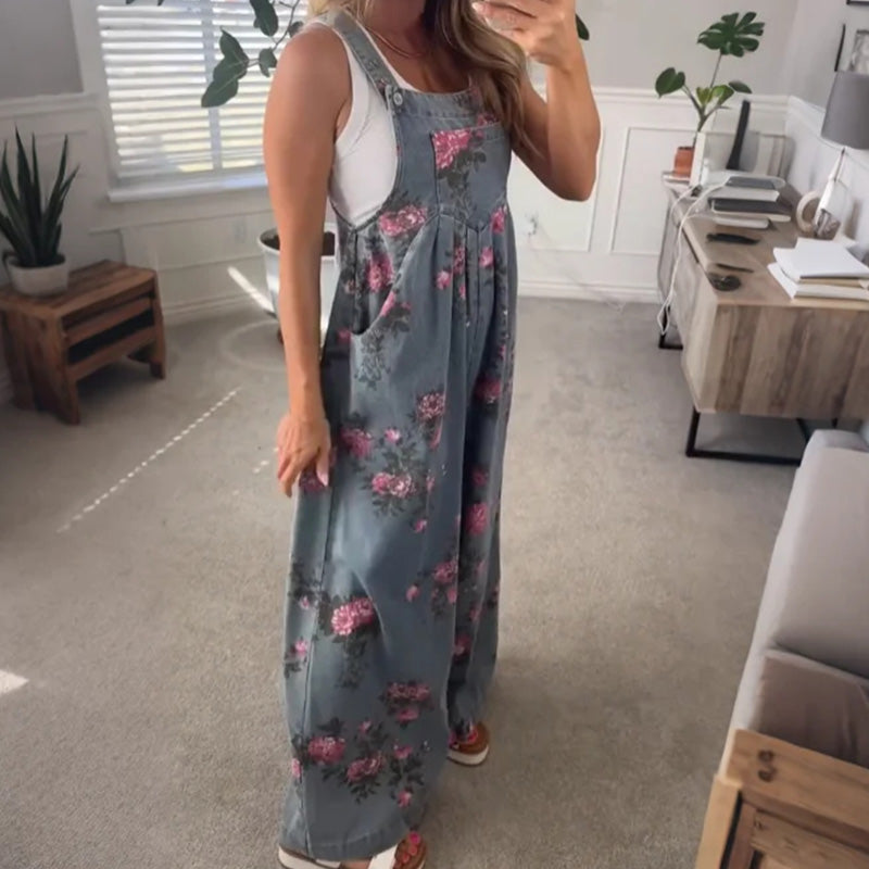 Women's Casual Printed Denim Jumpsuit