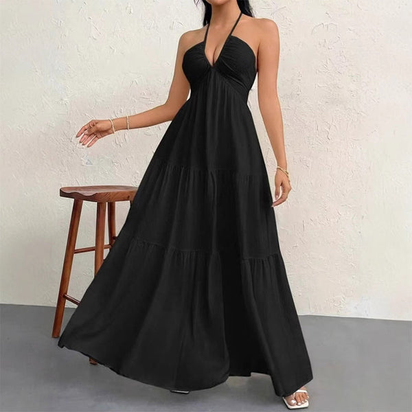 Halter Neck Backless Tiered Maxi Dress